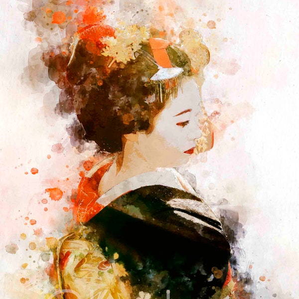 Watercolor Painting Maiko/Geisha in Kyoto, Japan Wall Art Print Wallpaper, Large Printable Digital Download