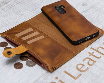 Handmade Premium Cowhide Leather Wallet Case,Zipper Wallet Case with Stylus Detachable Magnetic Case & Card Slots for Samsung Galaxy S9 Plus Yaheeda Galaxy S9 Plus Case Magnetic Closure