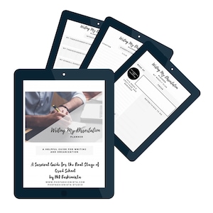 May include: A digital planner for writing a dissertation with the title "Writing My Dissertation Planner: A Helpful Guide for Writing and Organisation: A Survival Guide for the Final Stage of Grad School by PhD Fashiorista"