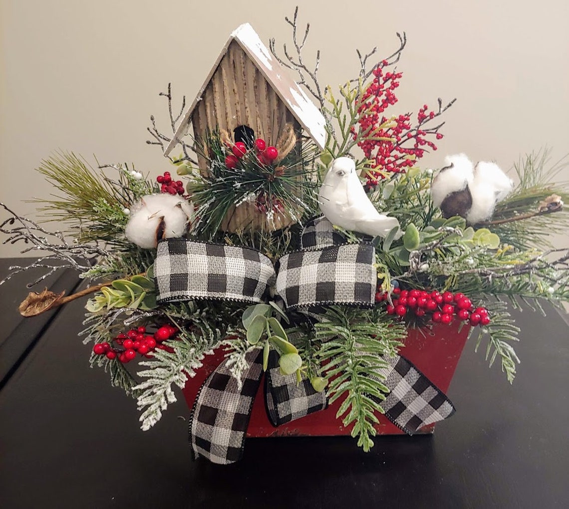 Birdhouse Floral Centerpiece Birdhouse Arrangement with White Etsy