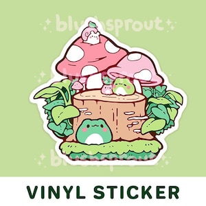 Frog Mushroom Forest 3" Matte Vinyl Sticker | Cute Froggy Sticker, Plant Cottagecore Froggie Water Bottle, Car Decal