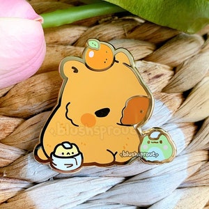 Capybara & Frogs Enamel Pin | Kawaii Bath House Onsen Lapel Pin, Mandarin Orange, Froggie Pin, Cute Frog Pin, Froggy Gift
