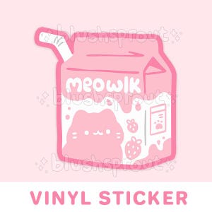 Meowlk Strawberry Milk Cat 3" Vinyl Sticker | Kawaii Cat, Food and Drink Kitten Car Laptop Decal