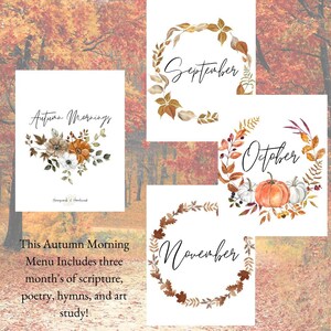 Autumn Morning Menu, fall study for kids, homeschool enrichment study, art, poetry, hymns, bible memory, Charlotte mason unit, traceable,