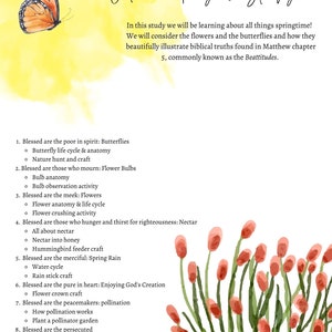 Flower unit study, butterfly lessons for kids, beatitudes, kids devotional, christian curriculum, nature crafts, springtime homeschool, bees image 4