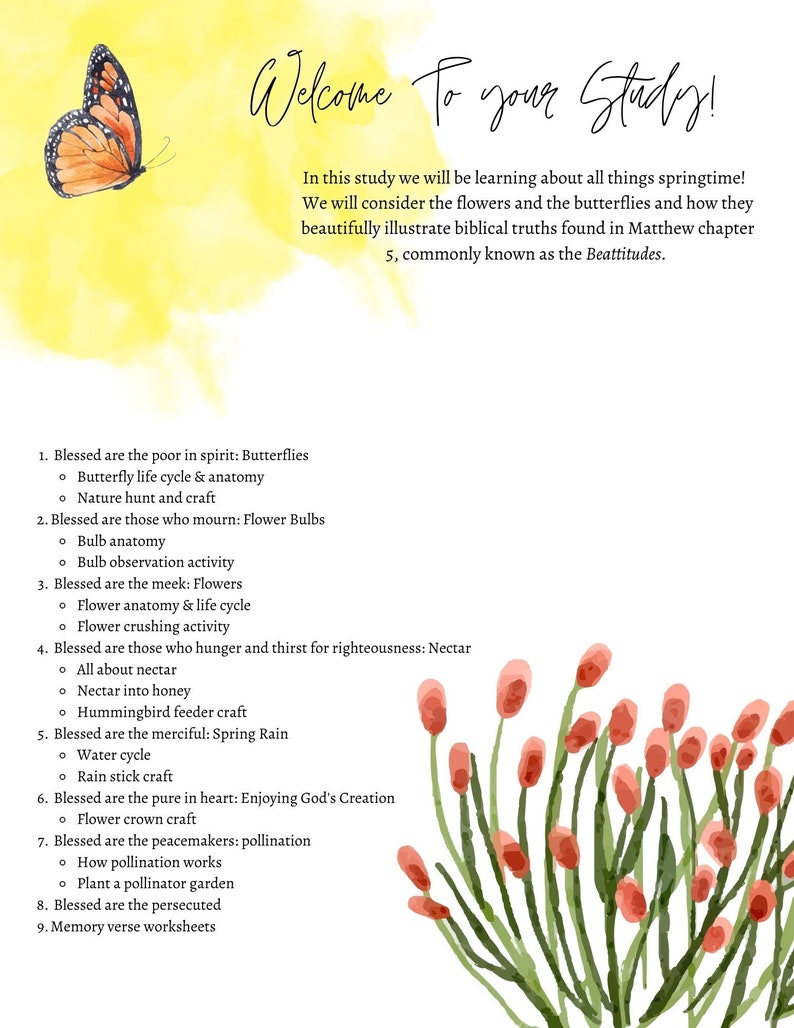 Flower unit study, butterfly lessons for kids, beatitudes, kids devotional, christian curriculum, nature crafts, springtime homeschool, bees image 4