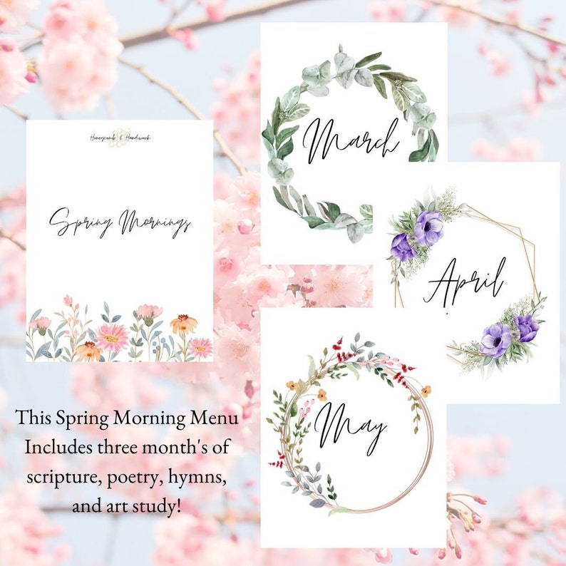 Spring Morning Menu, poetry study for kids, artwork, hymns for children, Christian homeschool, morning basket bundle, charlotte Mason, bible image 1