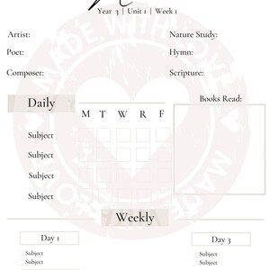 May include: A printable weekly planner with a heart design and the words "Made With Love" in a circle. The planner includes sections for daily and weekly subjects, nature study, hymn, scripture, and books read.