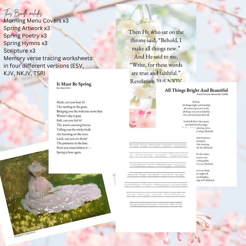 Spring Morning Menu, poetry study for kids, artwork, hymns for children, Christian homeschool, morning basket bundle, charlotte Mason, bible image 2