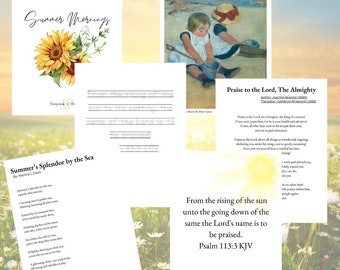 Summer Morning Menu basket, Charlotte Mason Inspired beauty loop, Enrichment study, poetry, art, bible, hymns for kids homeschool resource