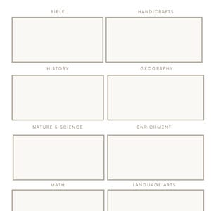 May include: A beige Year Overview planner page with sections for Bible, Handicrafts, History, Geography, Nature & Science, Enrichment, Math, and Language Arts. The title is in a simple, sans-serif font.