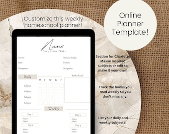 Homeschool Planner, charlotte mason inspired, online template, weekly lesson planner, fully customizable, daily subjects, beauty loop, plan