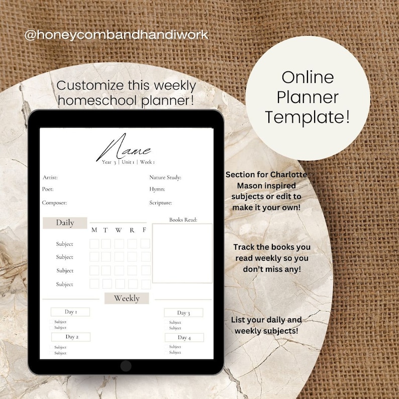 May include: A digital planner template for homeschooling, featuring a weekly schedule with sections for daily and weekly subjects, nature study, hymns, scripture, and books read. The template is customizable and includes a section for Charlotte Mason inspired subjects.