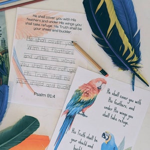 May include: Two printable cards with a blue and yellow bird and a red, yellow, and blue bird. The cards feature the Bible verse Psalm 91:4, which reads "He shall cover you with His feathers, and under His wings you shall take refuge. His Truth shall be your shield and buckler."