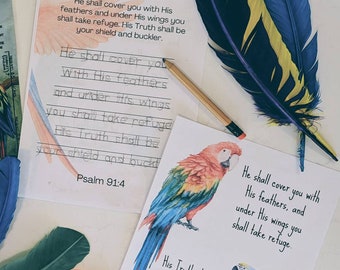 Macaw mini unit study, homeschool unit study, nature study, Psalm 91 print out, homeschool print out, worksheets, parrot craft, bible lesson