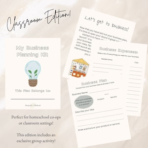 Peut inclure: Un kit de planification d'entreprise imprimable pour enseigner aux enfants la planification d'entreprise. Le kit comprend un modèle de plan d'entreprise, une feuille de calcul des dépenses d'entreprise et une section pour que les élèves décrivent leurs idées d'entreprise. Le kit présente une illustration d'ampoule et une devanture de magasin de dessin animé.