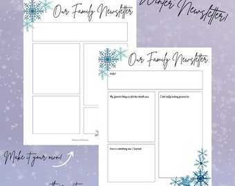 Winter newsletter, holiday cards, family newsletter, mailing for kids, kids writing activity, newsletter template, winter crafts, notecards