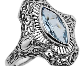 Art Deco Blue Topaz Filigree Ring, Sterling Silver, Victorian Style