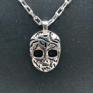 Sterling Silver Goalie Mask Pendant w/ Silver Cable Chain, Old School Ice Hockey Mask, Silver Goalie Mask, Ice Hockey Goalie Mask Pendant