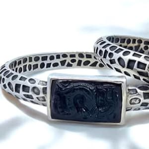 Very cool fantasy sterling silver bracelet with dragon motif inlay! Dragon bracelet, silver dragon bracelet, dragon bangle, bangle bracelet