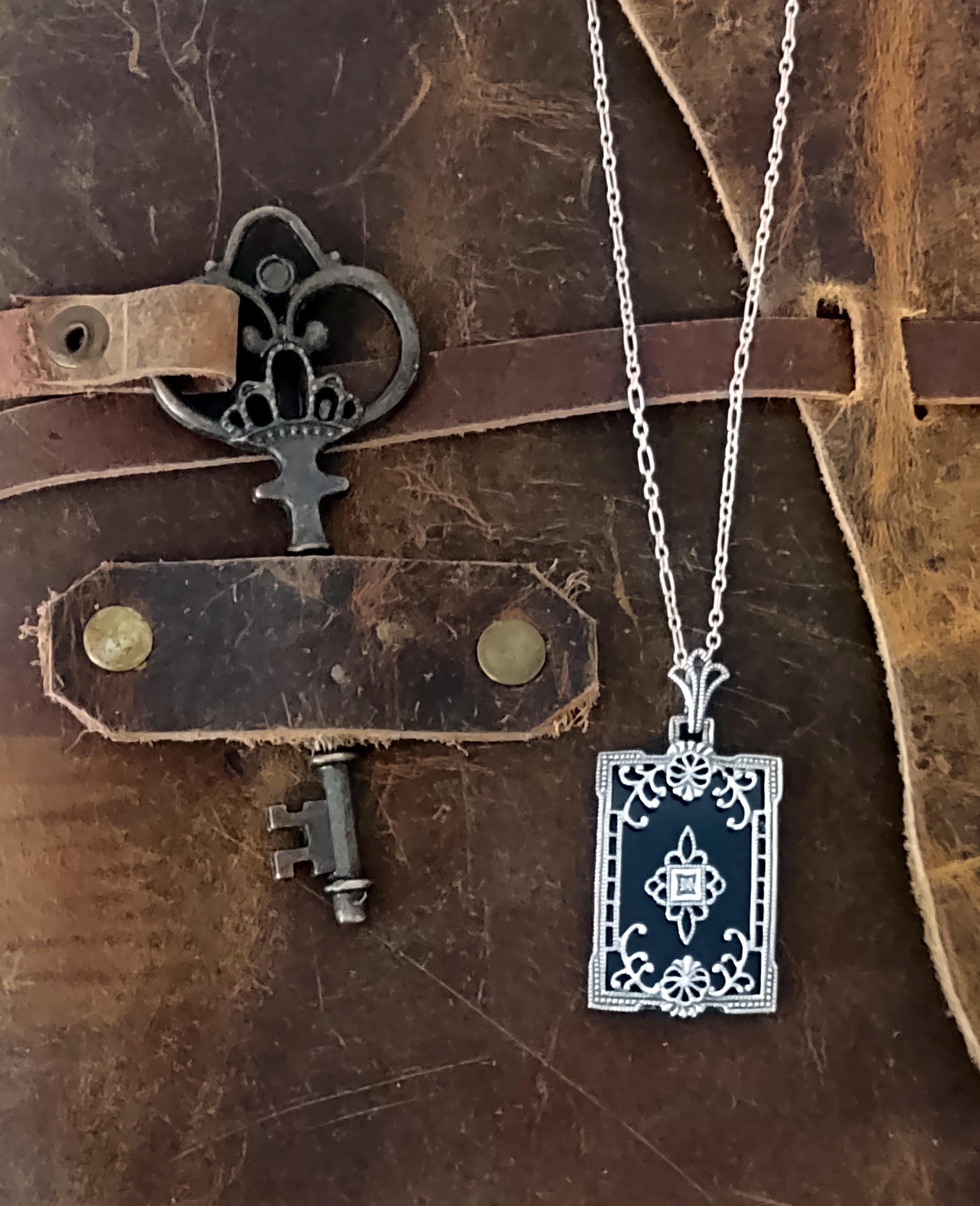 Art Deco Style Black Onyx Filigree Pendant With an 18