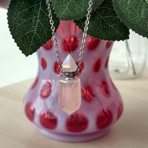 Rose quartz perfume bottle necklace, hand carded rose quartz perfume bottle , essential oil bottle. Rose quartz perfume bottle pendant.