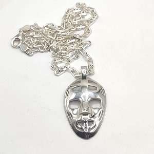 Sterling Silver Goalie Mask Pendant w/ Silver Cable Chain, Old School Ice Hockey Mask, Silver Goalie Mask, Ice Hockey Goalie Mask Pendant