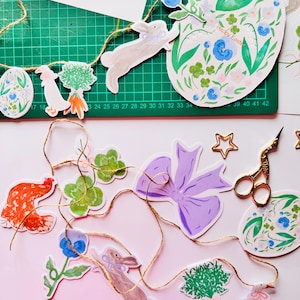 Spring Easter Garland – Printable Cottagecore Banner with Bunny, Floral Egg, Carrot, Bow & Farm Animals – DIY Easter Party Decoration