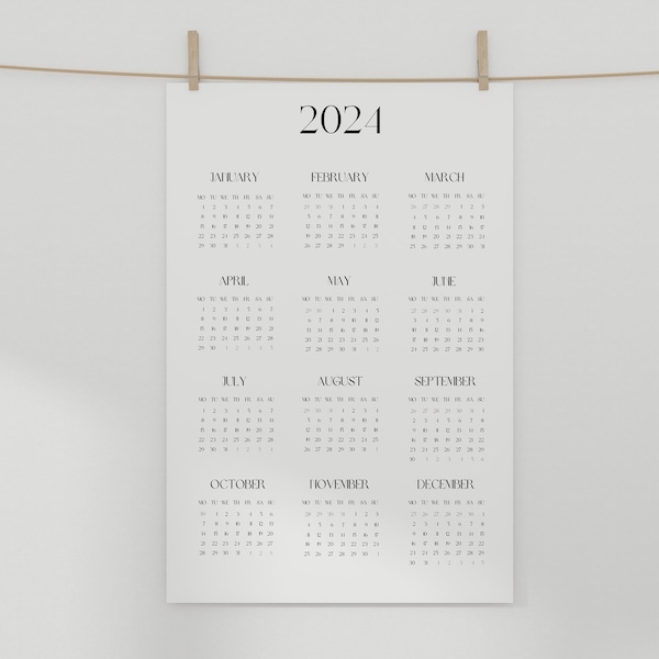 2024 Printable Calendar - Minimalist Yearly Planner for A4, A5, Letter Size, Year at a Glance