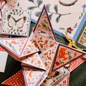 May include: A decorative paper art piece with botanical and butterfly illustrations. The artwork has a star-like shape with detailed drawings of leaves, flowers, and insects. Additional square and rectangular cards with similar designs are visible.