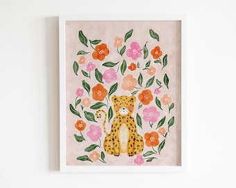 Lámina infantil de acuarela de guepardo: Arte floral animal (descarga digital)