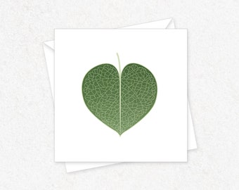 Heart Leaf Blank Greeting Card (mixed media art) Printable Digital download - Minimalist Valentine Greeting Card in green for him or her