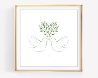 WEDDING DOVES with Olive Branches - Giclee Art Print (UNFRAMED) Two Doves with Olive Branch Heart - Contemporary Botanical Art & Design