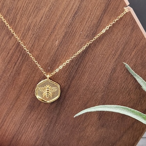 Gold Bee Necklace - Minimalist Honey Bee Necklace, Gold Honeycomb Necklace, Dainty Gold Hexagon Necklace, 24k Gold Plated Necklace with Bee