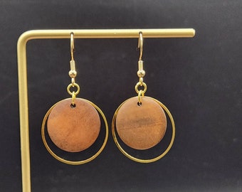 Small Wooden Earrings - Gold Wood Earrings, Round Gold Earrings with Wood Pieces, Hypoallergenic Gold Circle Earrings, Wooden Jewelry