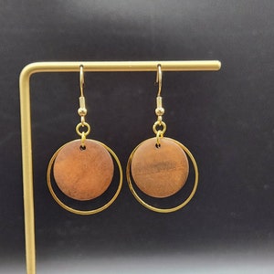Small Wooden Earrings - Gold Wood Earrings, Round Gold Earrings with Wood Pieces, Hypoallergenic Gold Circle Earrings, Wooden Jewelry