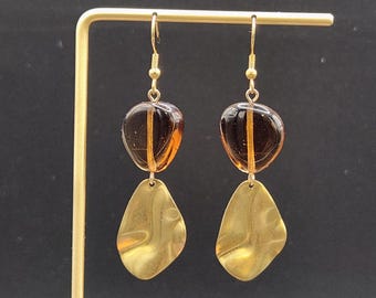 Amber Glass Dangle Earrings • Brown Glass Earrings • Brass Drop Earrings • Vintage Glass Earrings • Gold Dangle Earrings