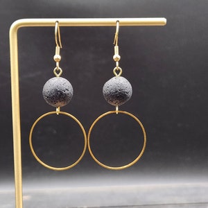 Lava Stone Earrings • Black Lava Bead & Gold Hoop Dangles • Minimalist Boho Jewelry • Lightweight Stone Earrings • Hypoallergenic