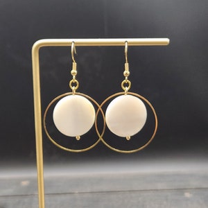 Real Shell Earrings - Gold & White Shell Dangle Hoop Earrings, Seashell Hoop Dangle Earrings, Gold-Plated Shell Hoop Earrings, Shell Hoops