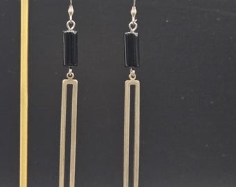 Long Silver Earrings - Black Glass Earrings,  Long Black Earrings, Lightweight Rectangle Earrings, Hypoallergenic Black and Silver Earrings