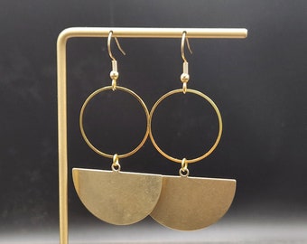 Brass Statement Earrings - Funky Geometric Brass Half Circle Earrings, Lightweight Brass Dangle Earrings, Hypoallergenic Gold Tone Earrings