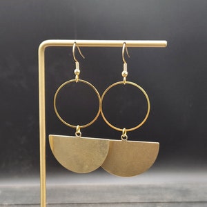 Brass Statement Earrings - Funky Geometric Brass Half Circle Earrings, Lightweight Brass Dangle Earrings, Hypoallergenic Gold Tone Earrings