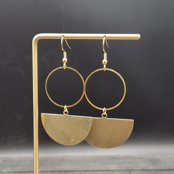 Brass Statement Earrings - Funky Geometric Brass Half Circle Earrings, Lightweight Brass Dangle Earrings, Hypoallergenic Gold Tone Earrings