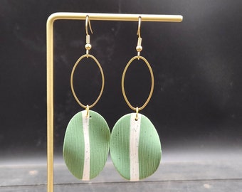 Green Clay Earrings - Green Polymer Clay Earrings, Lightweight Hypoallergenic Green & Gold Earrings, Oval Drop Earring, Green Dangle Earring