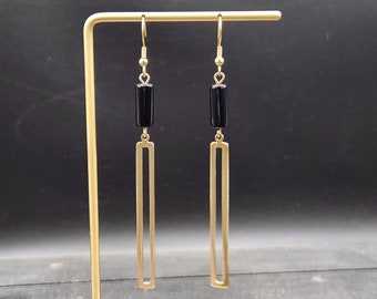 Long Gold Earrings - Black Glass Earrings,  Long Black Earrings, Lightweight Rectangle Earrings, Hypoallergenic Black and Gold Earrings