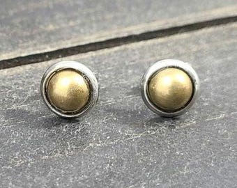 Mixed Metal Stud Earrings • Gold Silver Stud Earrings • Two Tone Stud Earrings • Small Stud Earrings • Brass Dome Earrings