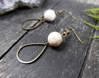 Howlite Teardrop Earrings • Antiqued Brass Dangles • Featherweight White Stone Earrings • Minimalist Everyday Jewelry