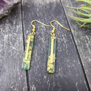 Gold Flake Earrings - Green Acrylic Earrings with Gold Flakes, Translucent Earrings, Hypoallergenic Light Green Dangle Earrings