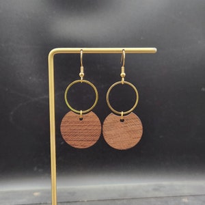 Wooden Dangle Earrings -  Gold Wood Earrings, Round Gold Earrings with Wood Pieces, Hypoallergenic Gold Circle Earrings, Wooden Jewelry