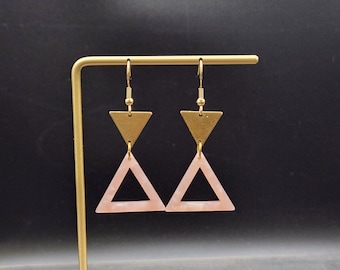 Pink Triangle Earrings - Lightweight Pink and Gold Earrings, Open Triangle Earrings, Triangle Drop Earrings, Pink Dangle Earrings Geometric
